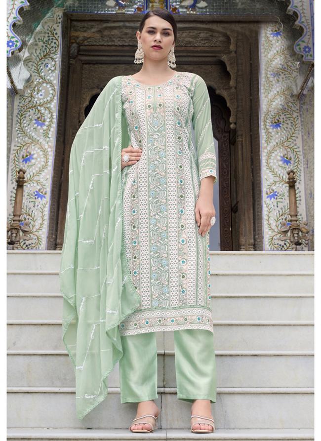 Faux Georgette Green Eid Wear Embroidery Work Readymade Pakistani Suit